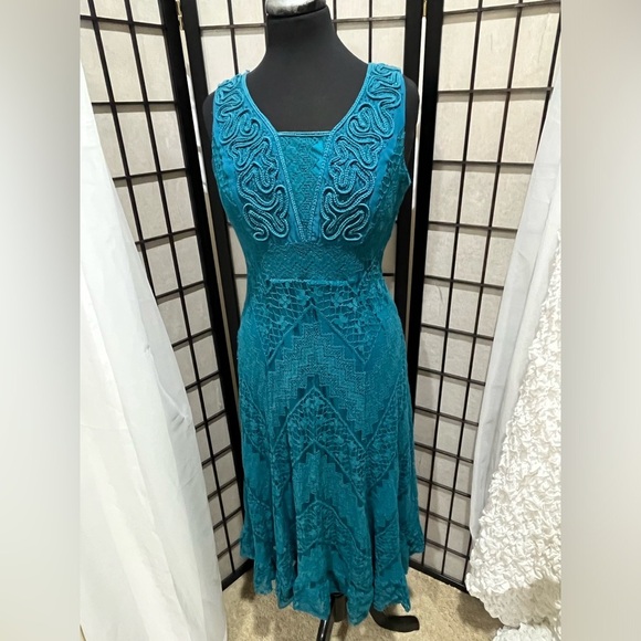 Reba Vibrant TURQUOISE/TEAL SLEEVELESS LACE FIT & FLARE RETRO MIDI DRESS SIZE M - Picture 4 of 10